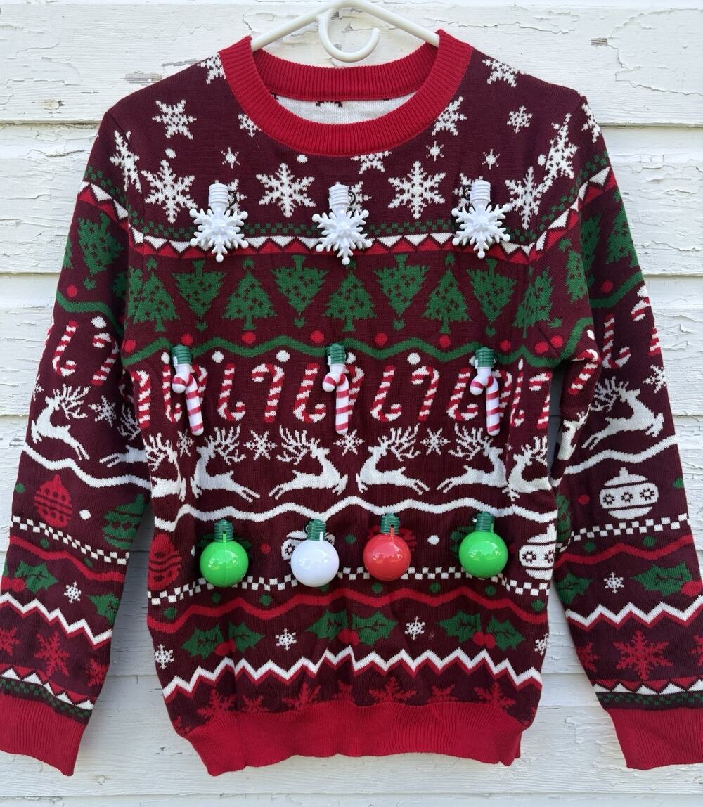 Ugly Christmas Sweater Womens S Light Up Fair Isle Candycanes Holiday Snowflake